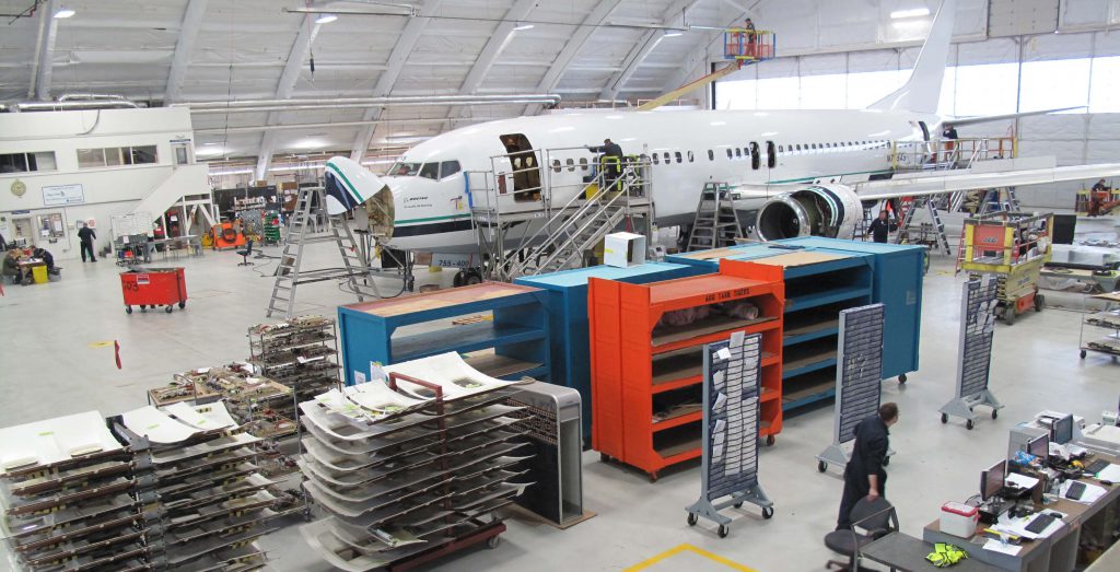 Aircraft undergoing heavy maintenance check in Hangar 2- Everett